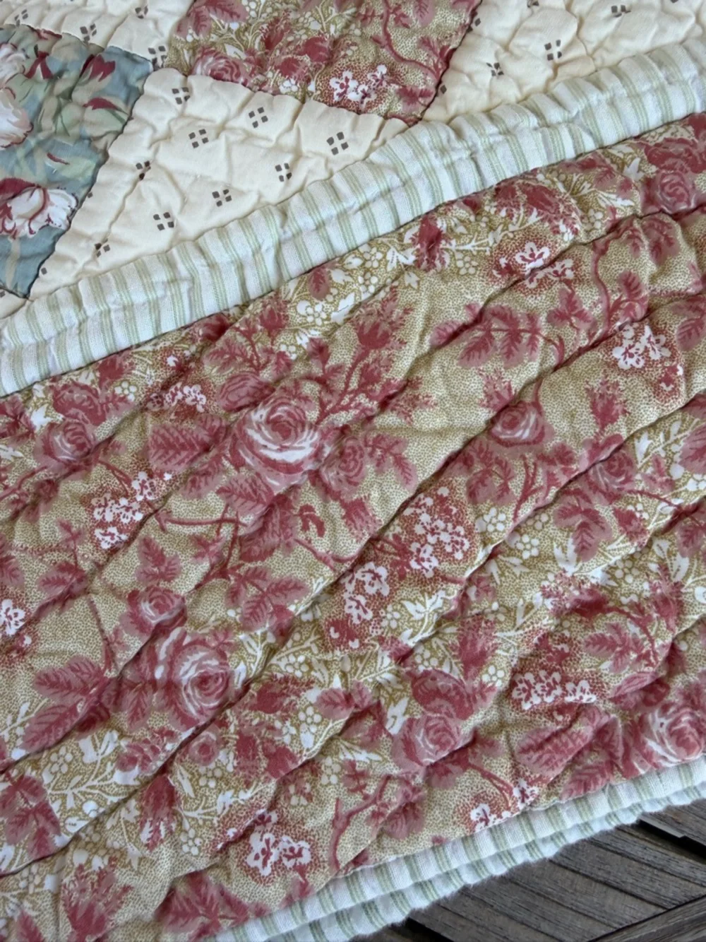 L.L. Bean Patchwork Country Quilt Reversible Floral Ticking Stripe Gauzy FLAWS